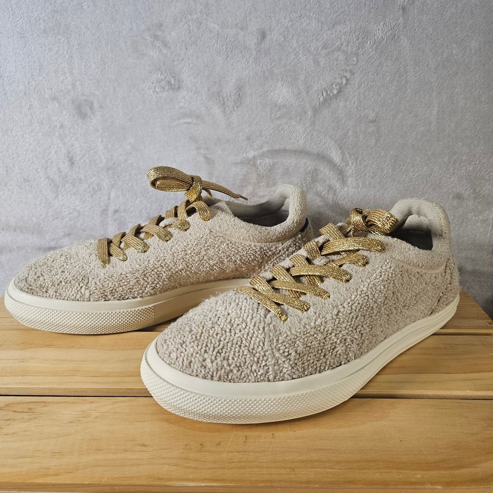Rothy's The Lace Up Oatmeal Boucle Sneakers Gold Metallic Laces Women's Sz 8.5